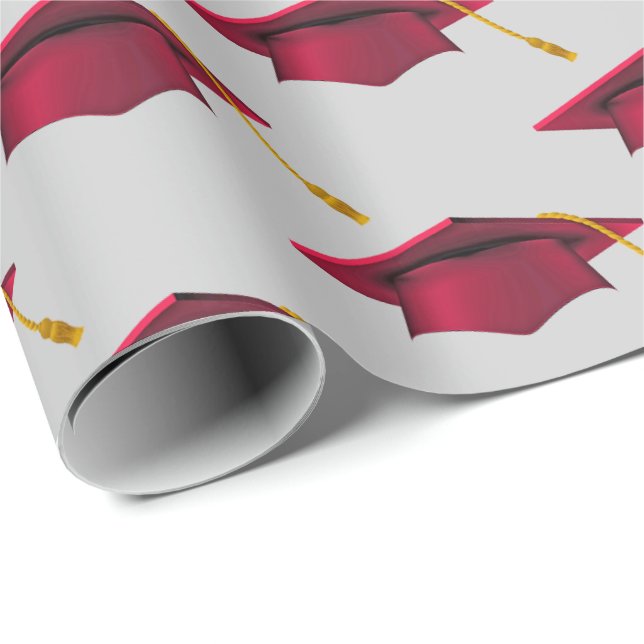 Red Graduations Caps on Grey Wrapping Paper (Roll Corner)