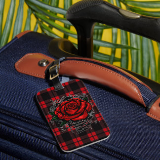 Red Graffiti Rose Black Red Plaid Grunge Luggage Tag