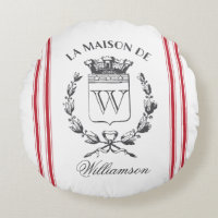Red Grain Sack Custom Family Crest Round Pillow
