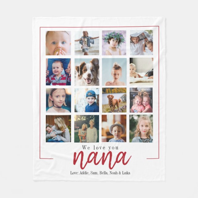 Red grandma nana photo collage mothers day fleece blanket (Front)