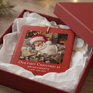 Red Grandparents First Christmas Baby Photo Ceramic Ornament