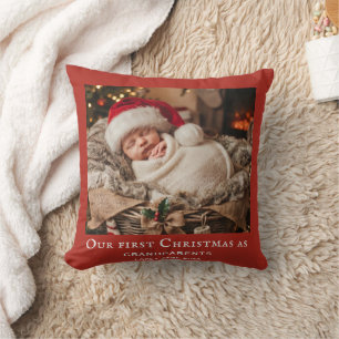 Red Grandparents First Christmas Baby Photo  Cushion