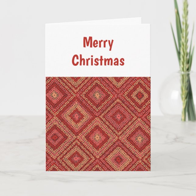 Red Granny Squares Pattern Christmas Card (Front)