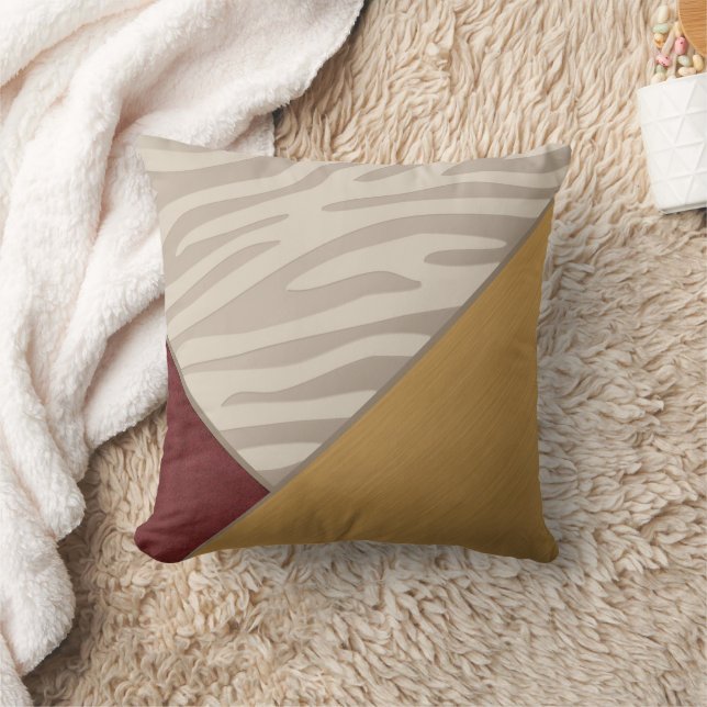 Red Graphic Suede Brushed Gold Print Taupe Zebra Cushion (Blanket)