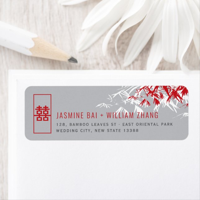 Red & Gray Bamboo Leaves Zen Asian Wedding Address (Insitu)