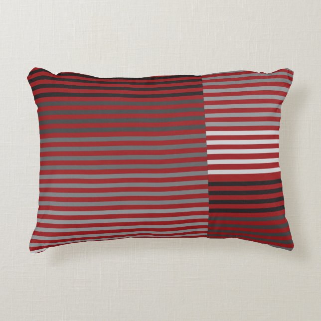 Red, Gray, Black, White Stripes Decorative Cushion (Front)