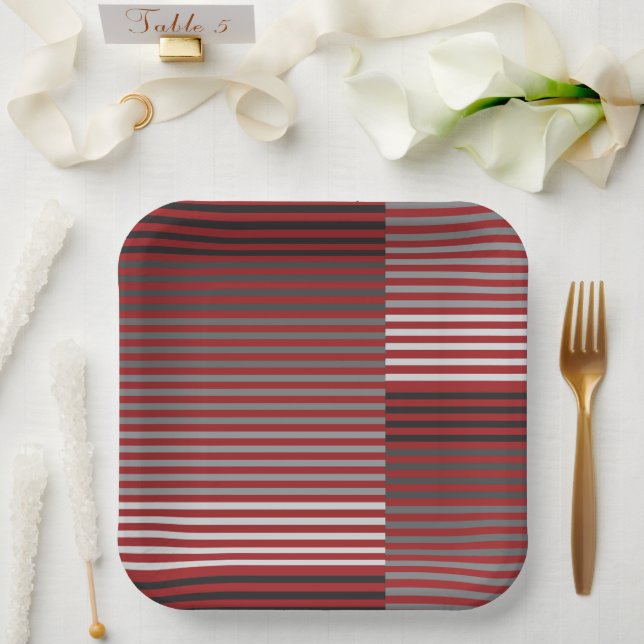 Red, Gray, Black, White Stripes Paper Plate (Wedding)