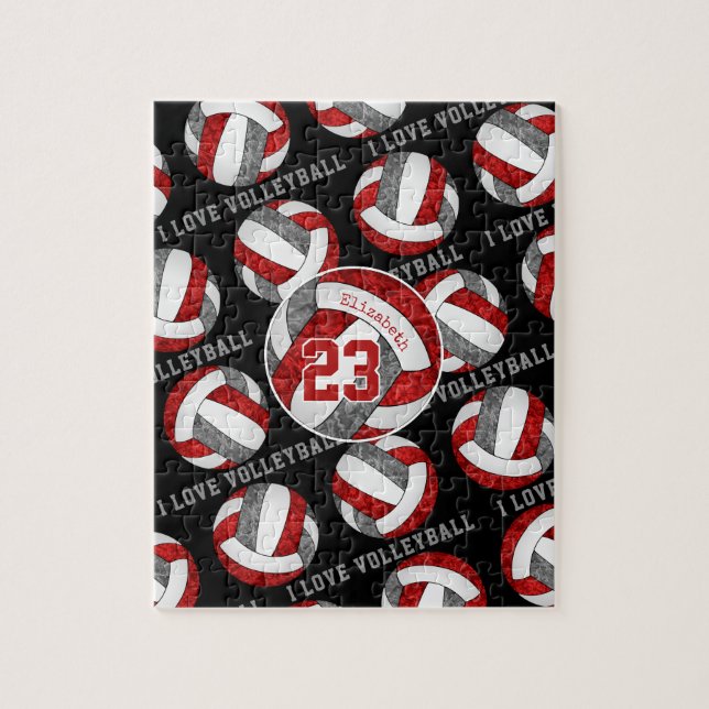 red gray girls I love volleyball personalized Jigsaw Puzzle (Vertical)