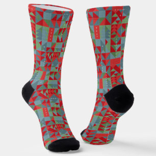 Red, gray, green geometric pattern. socks
