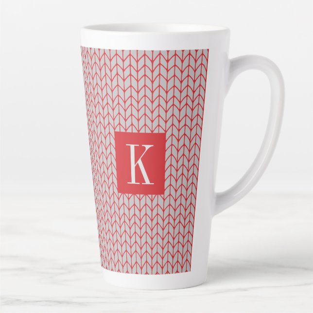 RED GRAY KNIT Tall Latte Mug + Initial II (Right)
