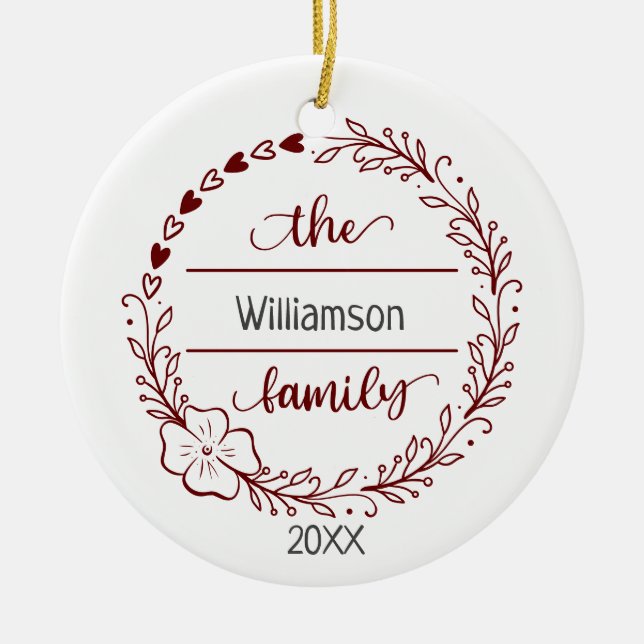 Red Gray Monogram Family Name Floral Wreath  Ceramic Tree Decoration (Front)