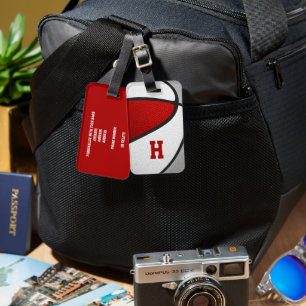 red gray team colors monogrammed basketball luggage tag