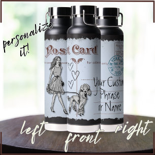 Red Gray Vintage Postcard Woman and Poodle Love  Water Bottle