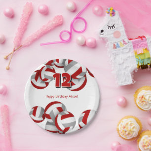 red gray volleyballs girls boys birthday party paper plate