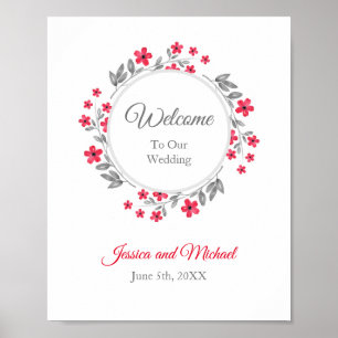 Red, Gray Watercolor Floral Wreath Poster