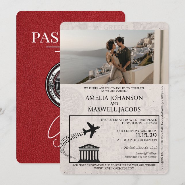 Red Greece Passport Wedding Invitation (Front/Back)