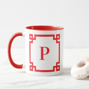 Red Greek Key Border Monogram Mug