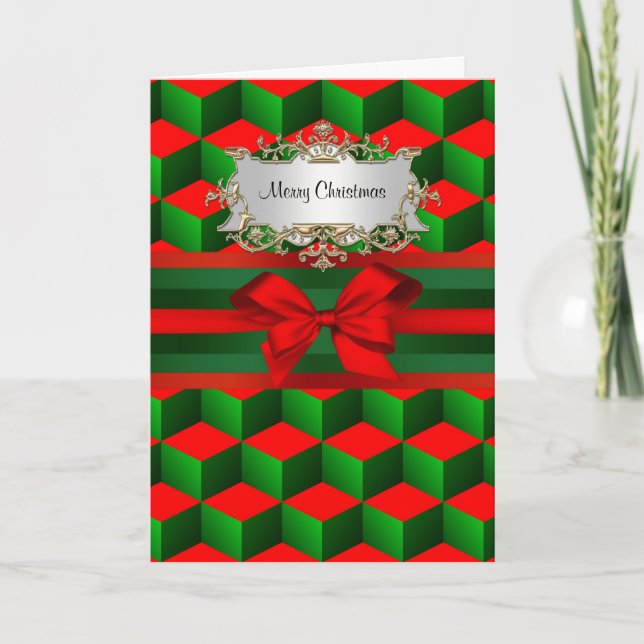 Red & Green 3D Look Cubes Ribbon Christmas Holiday Card (Front)