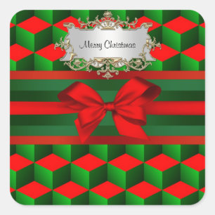 Red & Green 3D Look Cubes Ribbon Christmas Square Sticker