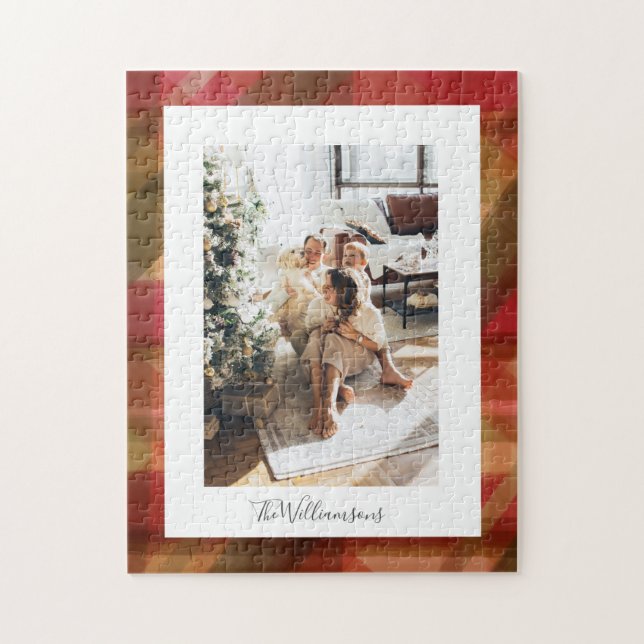 Red Green Abstract Plaid Rustic Photo Christmas Jigsaw Puzzle (Vertical)