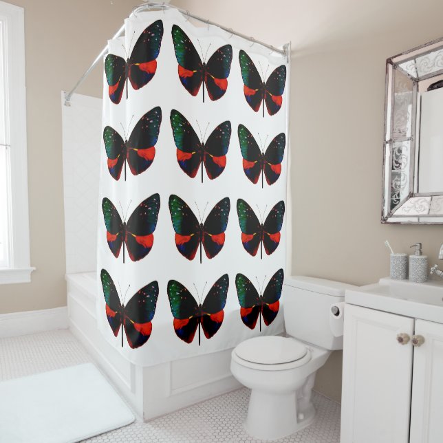 Red, Green and Black Butterfly Shower Curtain (In Situ)
