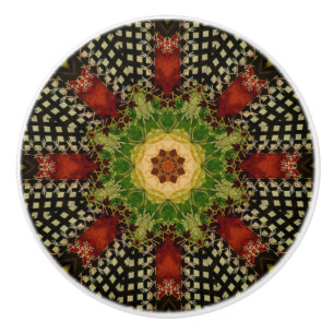 Red, Green, and Black Victorian Quilt Inspired  Ceramic Knob