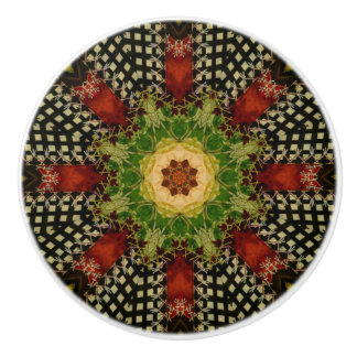 Red, Green, and Black Victorian Quilt Inspired  Ceramic Knob
