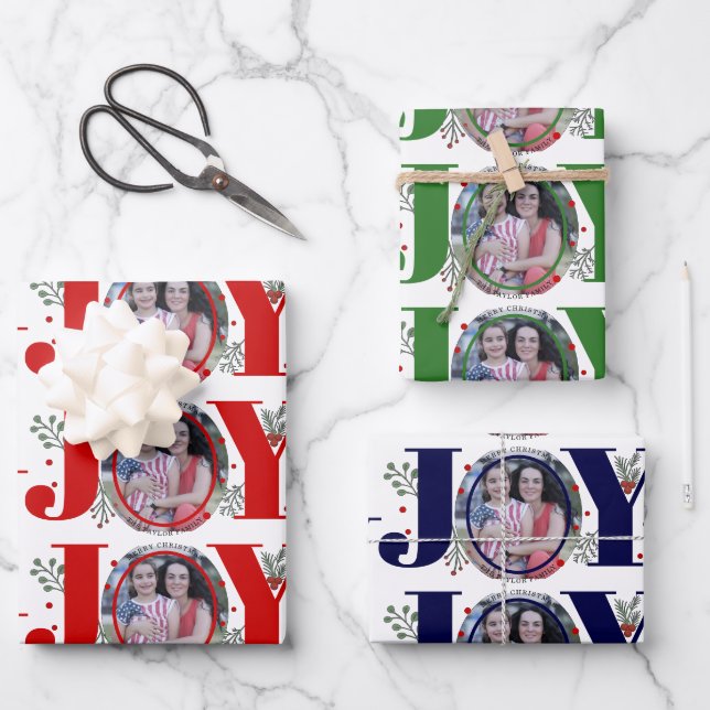 Red, green and blue Joy Christmas holiday photo Wrapping Paper Sheet (Front)