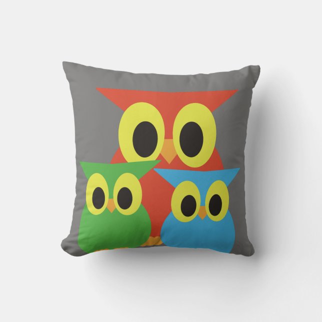 Red, Green and Blue Owls Cushion (Front)
