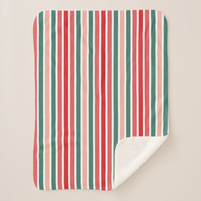 Red Green and Blush Striped Festive Sherpa Blanket (Front)