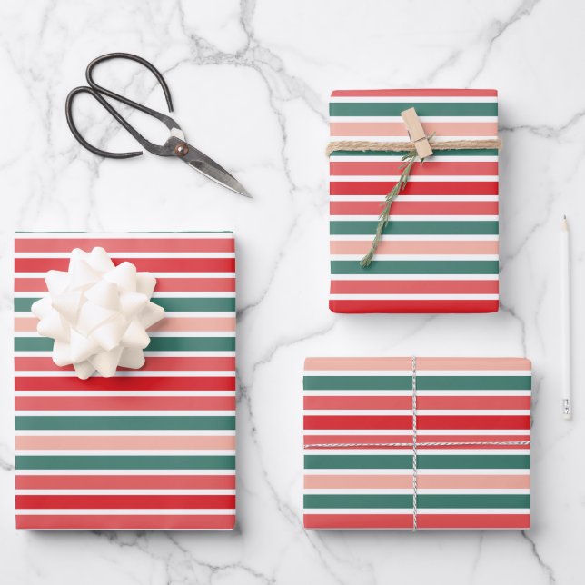 Red Green and Blush Striped Wrapping Paper (Front)