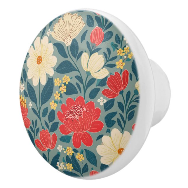 Red, Green, and Cream Floral Chinoiserie Ceramic Knob (Right)