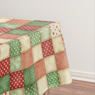 Red Green and Cream Patchwork Quilt Look  Tablecloth