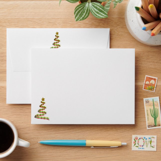 Red, Green and Gold Art Merry Christmas Tree Envelope (Desk)