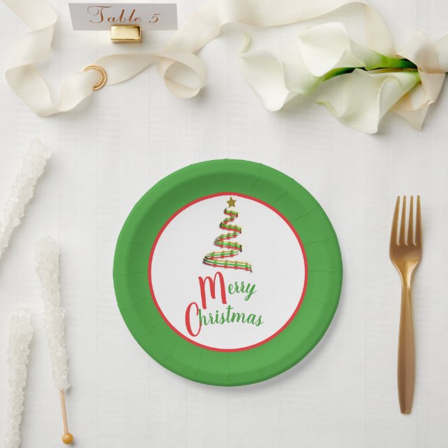Red, Green, and Gold Art Merry Christmas Tree Paper Plate (Wedding)
