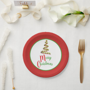 Red, Green, and Gold Art Merry Christmas Tree Paper Plate