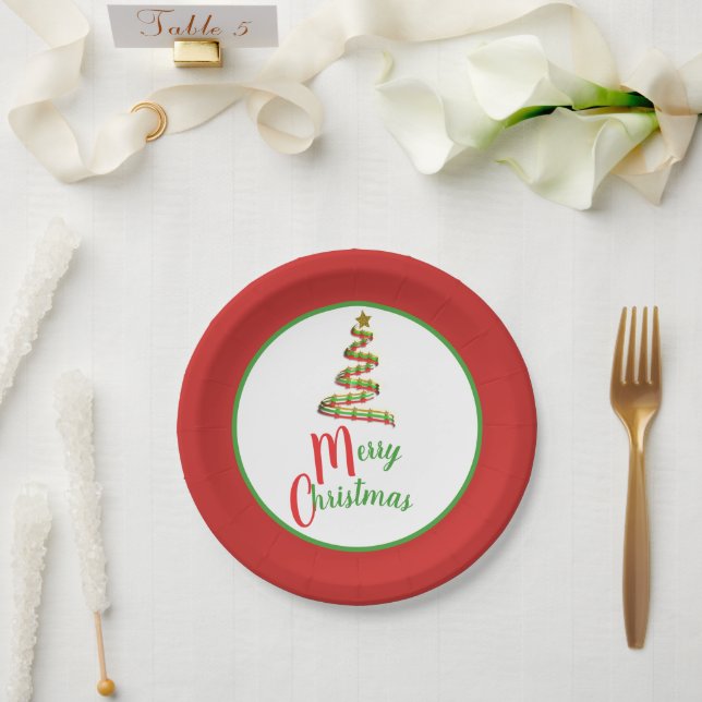 Red, Green, and Gold Art Merry Christmas Tree Paper Plate (Wedding)