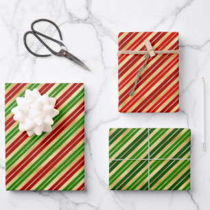 Red, Green and Gold Christmas Stripes Wrapping Paper Sheet