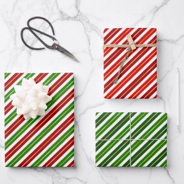 Red, Green and Gold Christmas Stripes Wrapping Paper Sheet (Front)