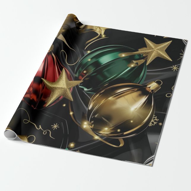 Red, Green and Gold Ornaments Wrapping Paper (Unrolled)