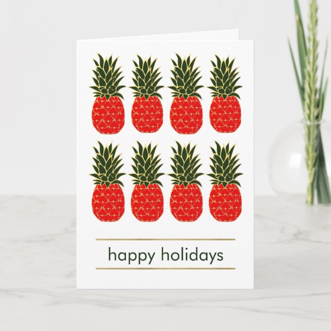 Red Green and Gold Tropical Pineapples Christmas Holiday Card (Front)