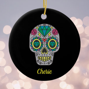 Red Green and Grey Crystal Day of Dead on Black Sn Ceramic Tree Decoration