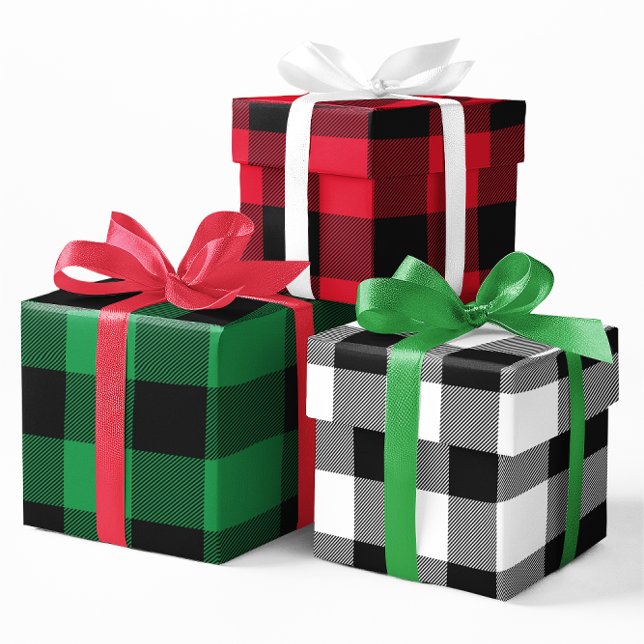 Red Green and White Buffalo Plaid Christmas Multi Wrapping Paper Sheet (Green, Red and White Buffalo Plaid Gift Wrap Set)