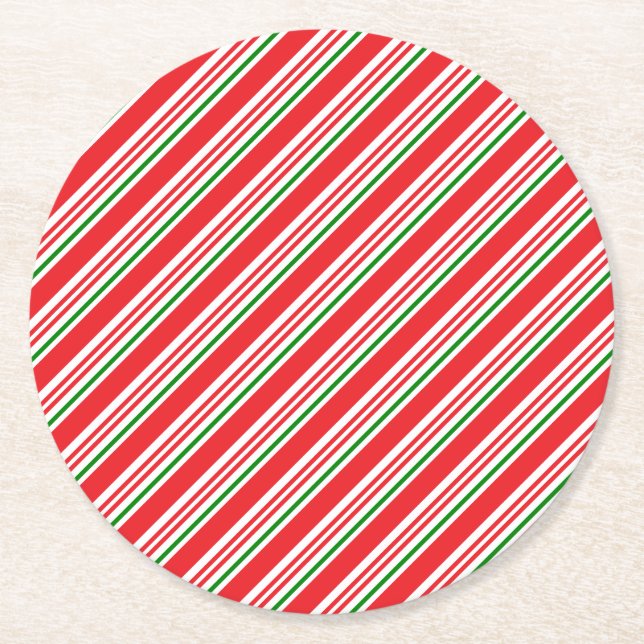 Red Green and White Candy Cane Pattern Custom Round Paper Coaster (Front)
