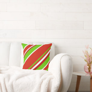 Red Green and White Diagonal Stripes Cushion