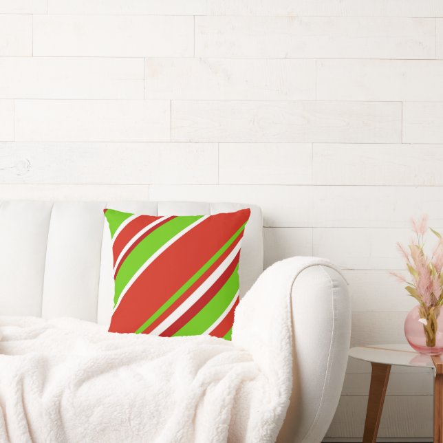 Red Green and White Diagonal Stripes Cushion (Couch)