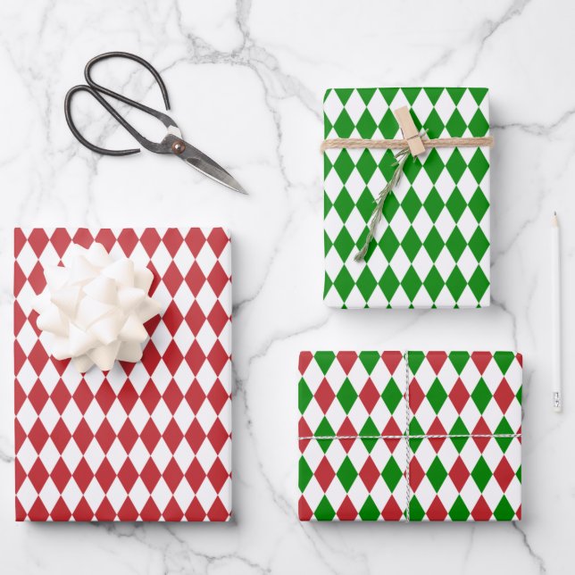 Red, Green and White Harlequin Wrapping Paper Sheet (Front)