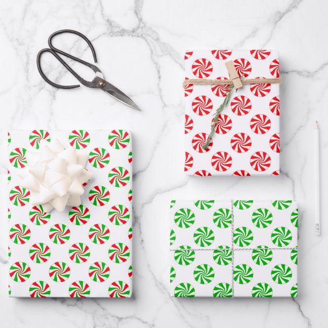 Red Green and White Holiday Peppermint Candy Wrapping Paper Sheet (Front)