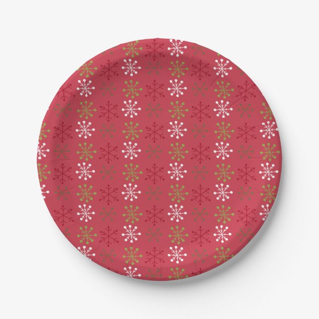 Red, Green, and White Snowflakes  Paper Plate (Front)