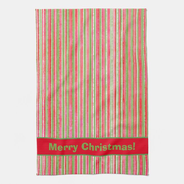 Red, Green, and White Stripes Monogram Tea Towel (Vertical)